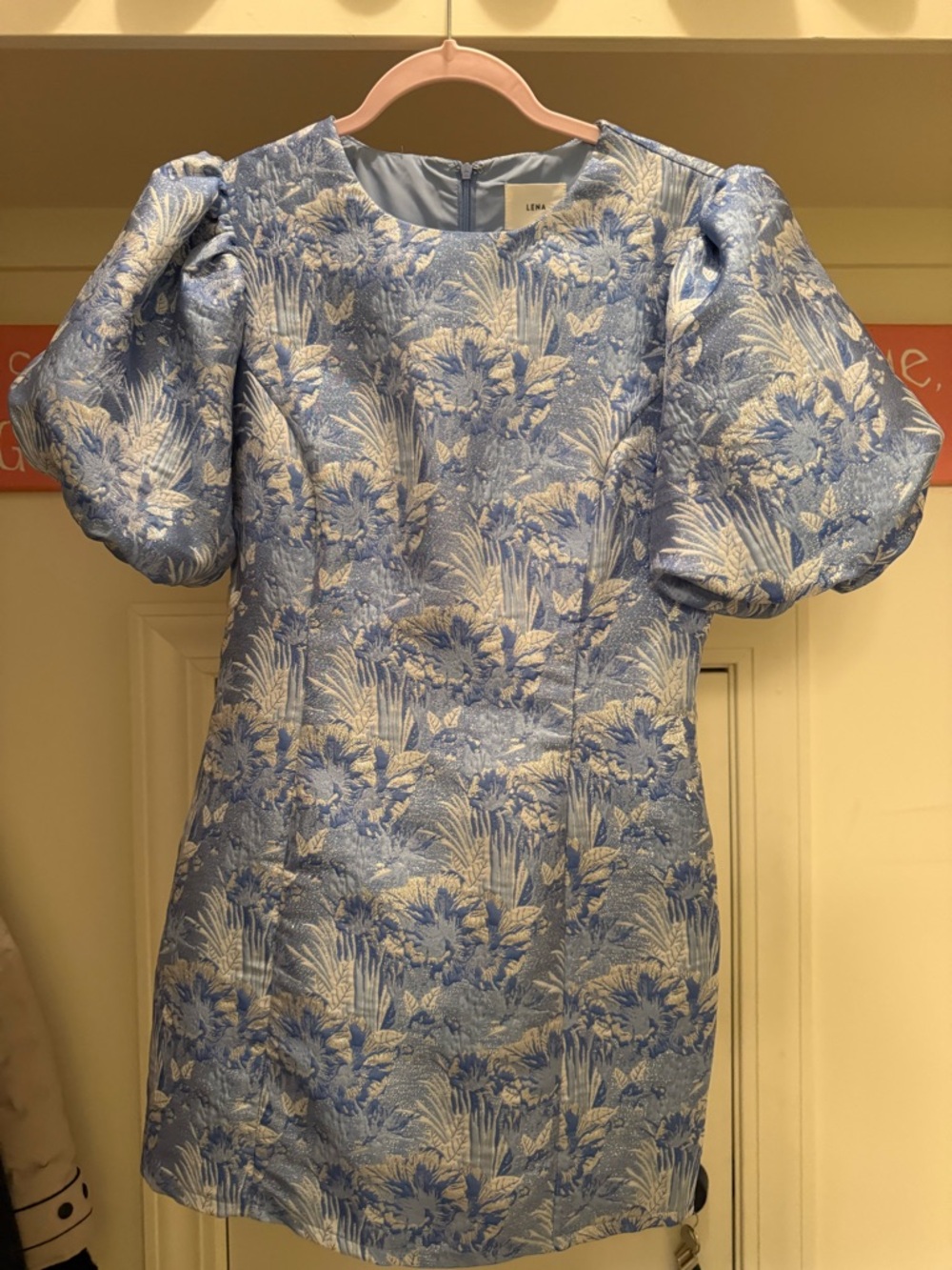 Lena Blue and Light Cream Floral Jacquard Puff Sleeve Dress